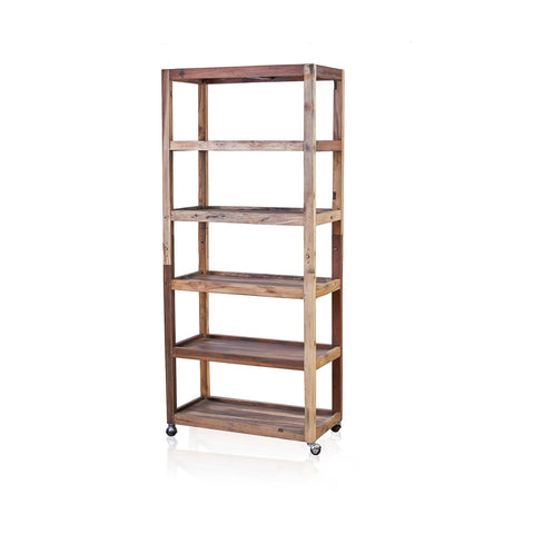 Reclaimed teak wood five-shelf mobile bookcase with casters perfect for versatile storage and easy movement
