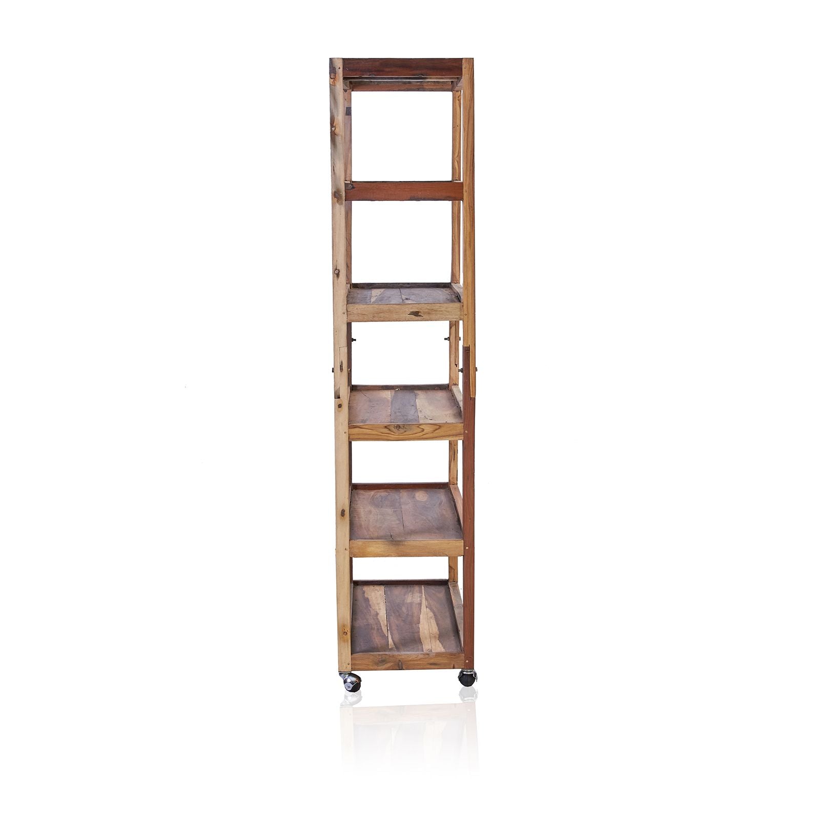 Recycled teak wood rolling shelf with five tiers in rustic natural finish and casters for easy display and storage