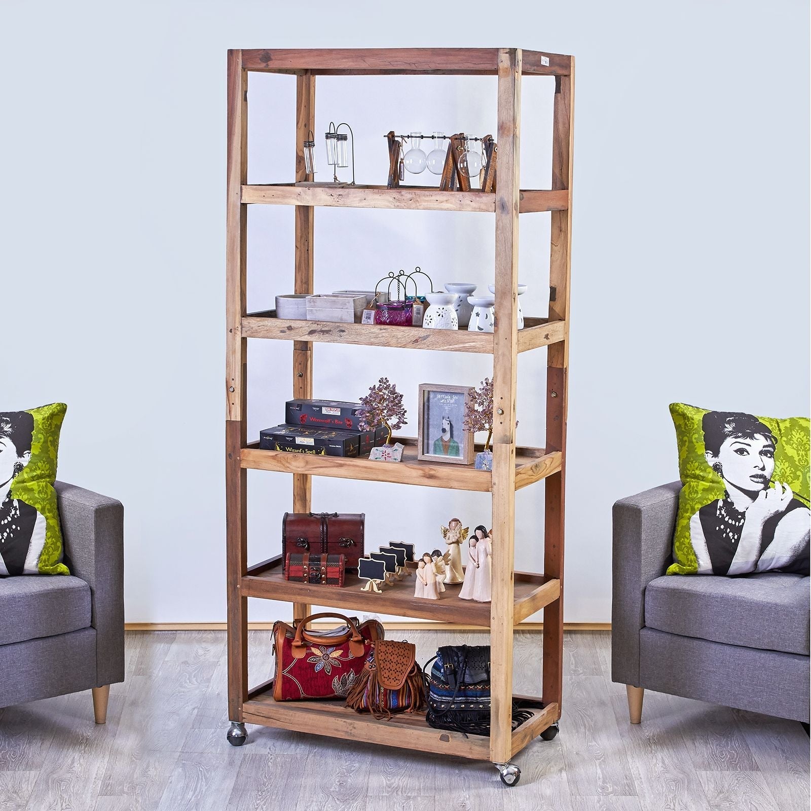 Rustic teak wood shelving unit with six open shelves and casters ideal for versatile display and storage