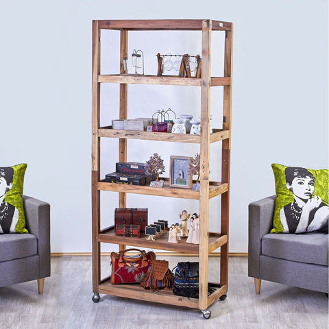 Rustic teak wood shelving unit with six open shelves and casters ideal for versatile display and storage