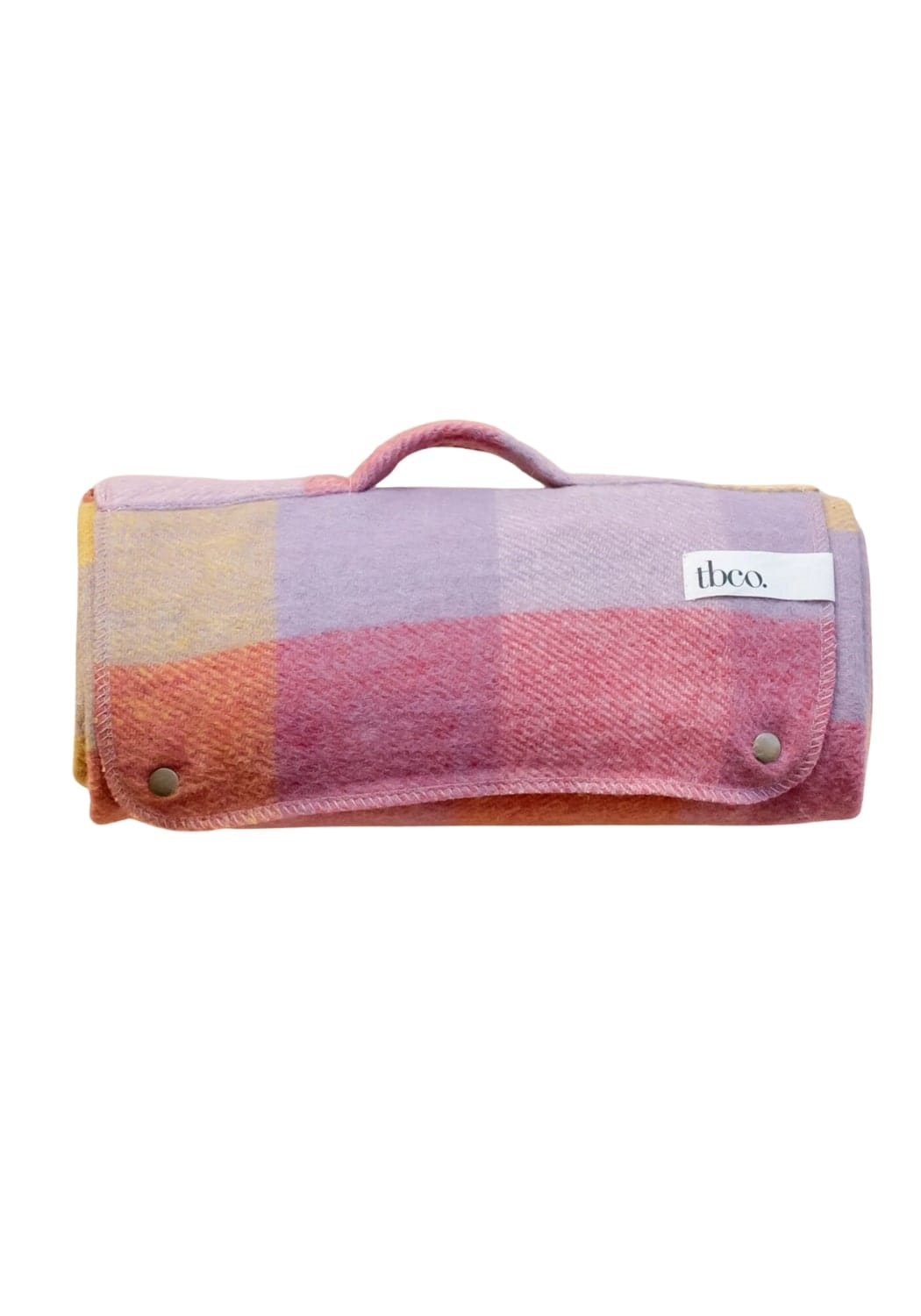 Rolled-up recycled wool small picnic blanket with soft lilac gradient gingham patchwork in pastel shades