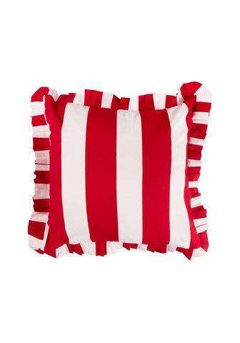 Red cabana stripe ruffled cushion cover with red and white vertical stripes and ruffled edges for cozy decor