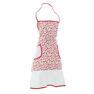 Floral-patterned red daisy apron with halter style red trim and white lower skirt perfect for cooking or gardening