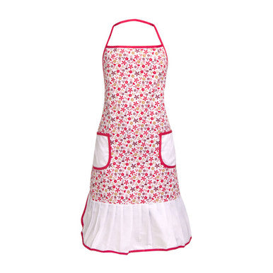 Pink and white floral red daisy apron with ruffled hem and matching trim perfect for cooking or baking