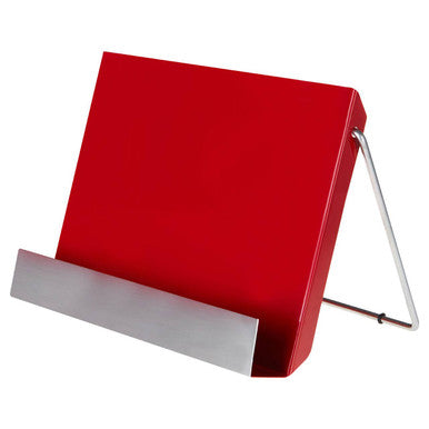 Red enamel recipe stand with adjustable support arm and silver base perfect for kitchen use
