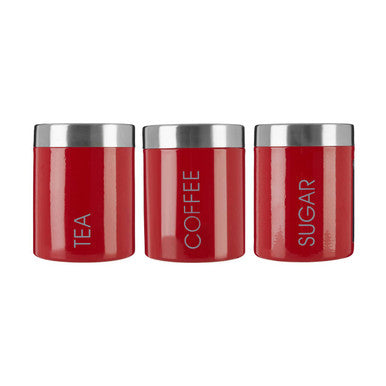 Set of three red enamel tea coffee and sugar canisters with silver lids and modern labels
