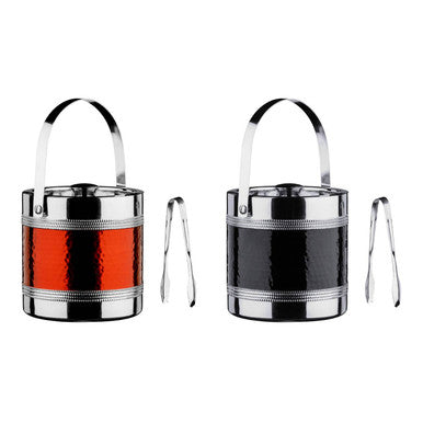 Red ice bucket with tongs made of hammered red and black metal with silver handles perfect for keeping ice cold