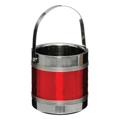 Red ice bucket made of hammered red and silver metal with a curved handle and included tongs for easy ice serving