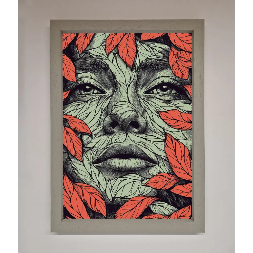 Red Leaves Face Framed Print - A3 (29.7 x 42 cm) / Grey - Framed Print