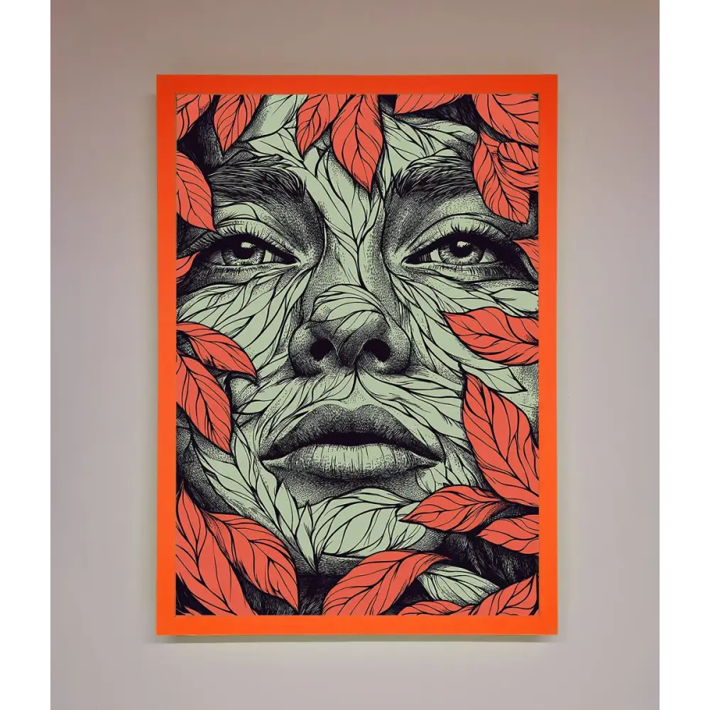 Red Leaves Face Framed Print - A3 (29.7 x 42 cm) / Neon Orange - Framed Print