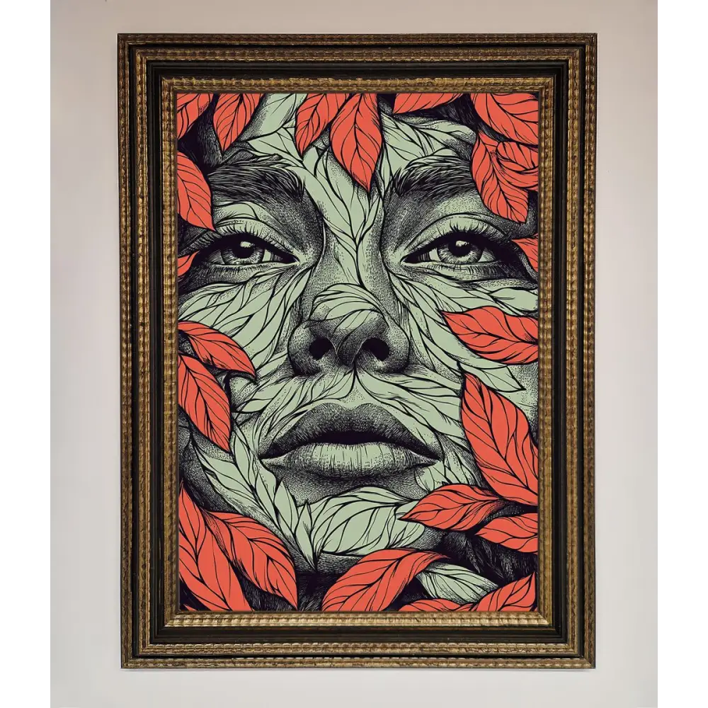 Red Leaves Face Framed Print - A3 (29.7 x 42 cm) / Ornate Gold Black - Framed Print