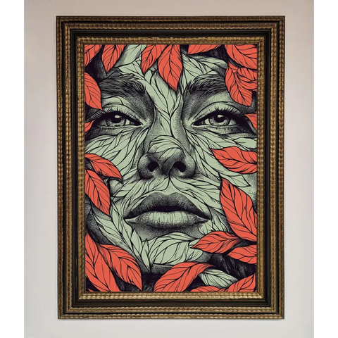 Red Leaves Face Framed Print - A3 (29.7 x 42 cm) / Ornate Gold Black - Framed Print