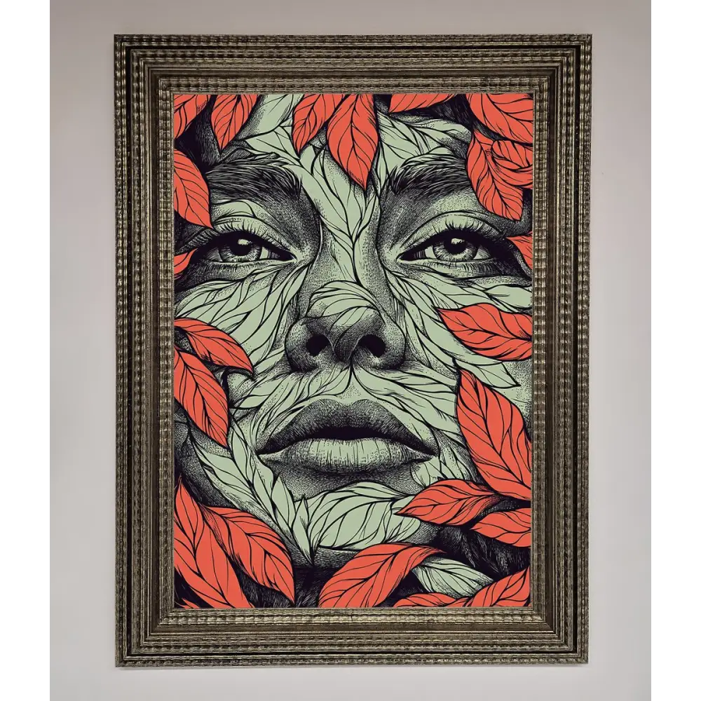 Red Leaves Face Framed Print - A3 (29.7 x 42 cm) / Ornate Silver - Framed Print