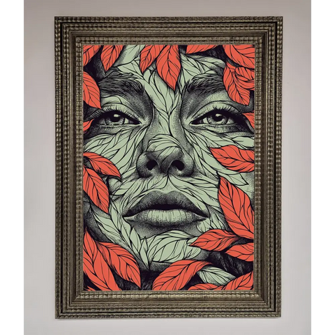 Red Leaves Face Framed Print - A3 (29.7 x 42 cm) / Ornate Silver - Framed Print
