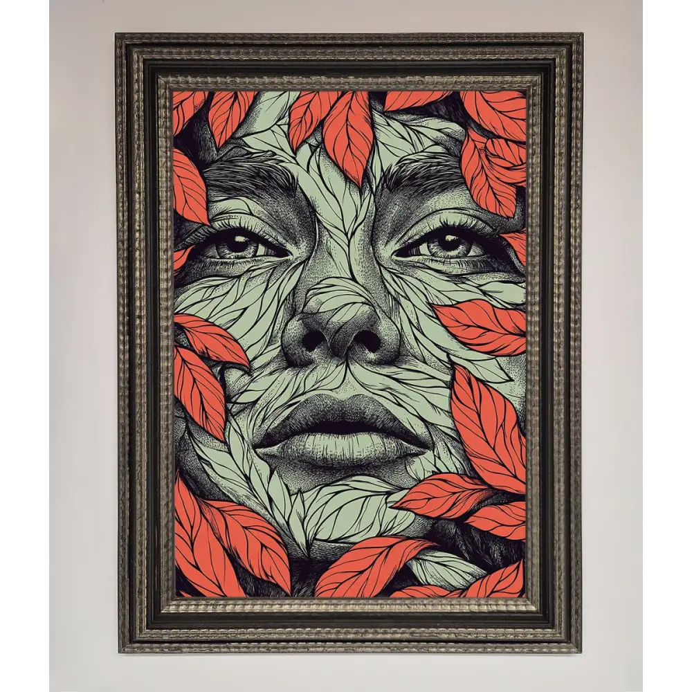 Red Leaves Face Framed Print - A3 (29.7 x 42 cm) / Ornate Silver Black - Framed Print