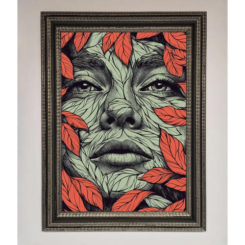 Red Leaves Face Framed Print - A3 (29.7 x 42 cm) / Ornate Silver Black - Framed Print
