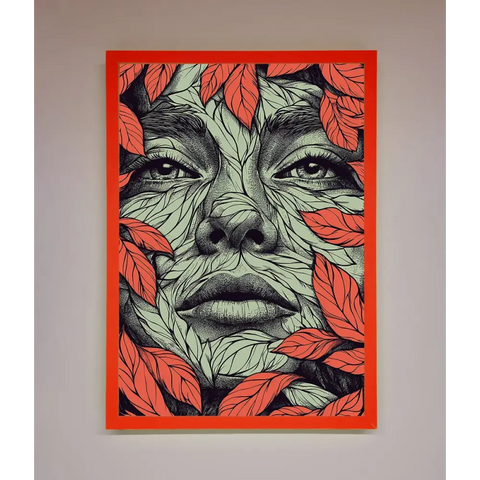 Red Leaves Face Framed Print - B0 (100 x 141 cm) / Neon Red - Framed Print