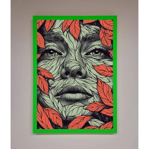 Red Leaves Face Framed Print - B0 (100 x 141 cm) / Neon Dark Green - Framed Print
