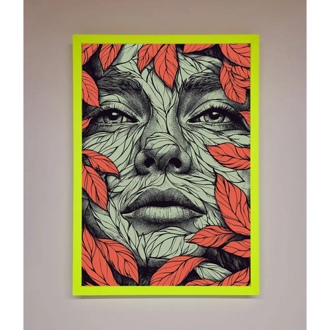 Red Leaves Face Framed Print - B0 (100 x 141 cm) / Neon Green - Framed Print