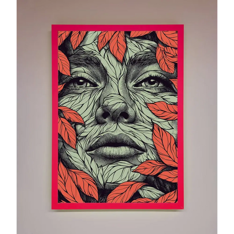 Red Leaves Face Framed Print - B0 (100 x 141 cm) / Neon Pink - Framed Print