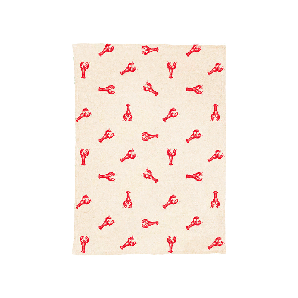 Cream-colored linen tea towel with red lobster pattern perfect for kitchen use