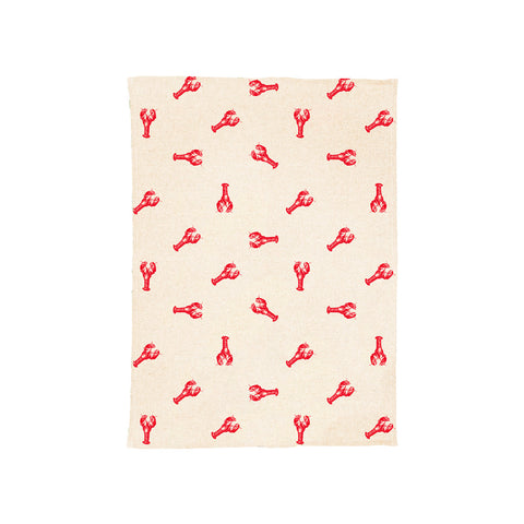Cream-colored linen tea towel with red lobster pattern perfect for kitchen use