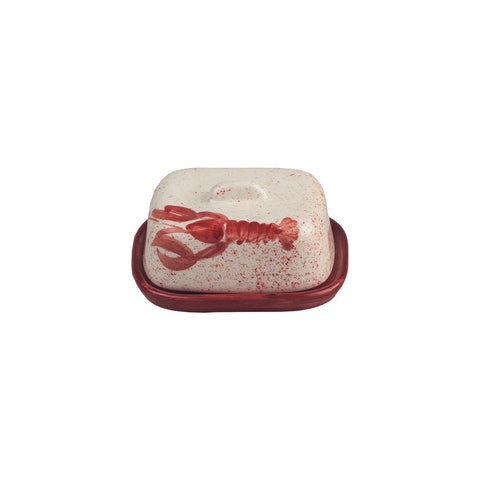 Cream-colored speckled mini ceramic butter dish with red lobster design and matching red ceramic butter dish base