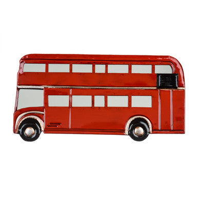Red london bus enamel pin showing a detailed metal bus metal wall art design in classic red color