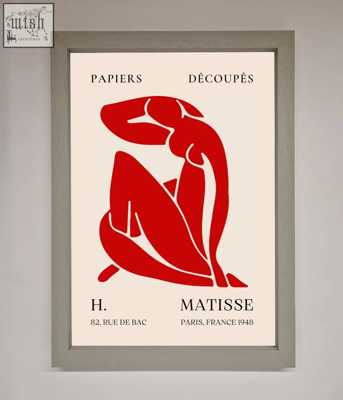 A framed print of a red matisse man silhouette titled papiers découpés by h on an off-white background