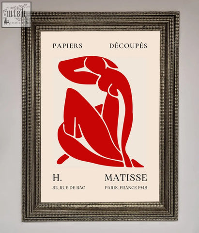 Framed print of bold red matisse man silhouette by h on off-white background titled papiers découpés