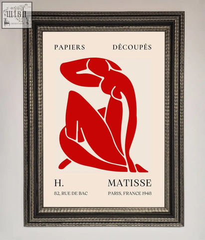 A framed print showing a bold red matisse man silhouette on off-white background labeled papiers découpés by h