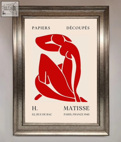 A framed print of red matisse man featuring a bold red silhouette on off-white background titled papiers découpés by h