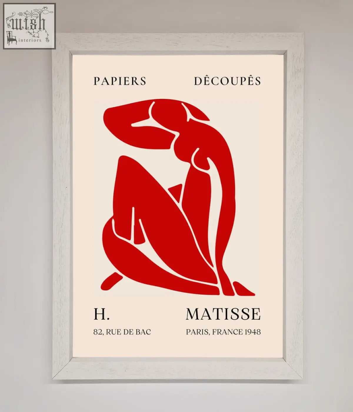 A framed print of red matisse man silhouette titled papiers découpés by h on an off-white background