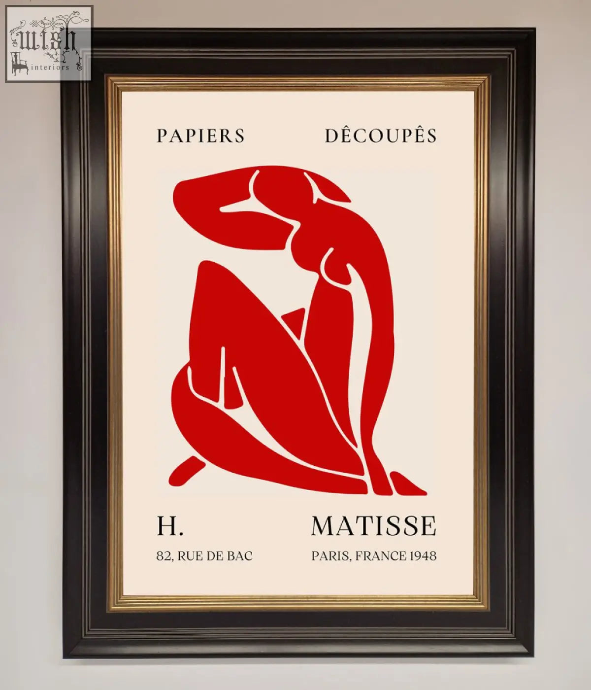 A framed print of a bold red matisse man silhouette titled papiers découpés by h on an off-white background