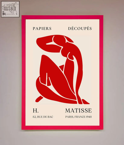 Framed print of red matisse man silhouette on cream background with vibrant pink frame perfect for wall decor