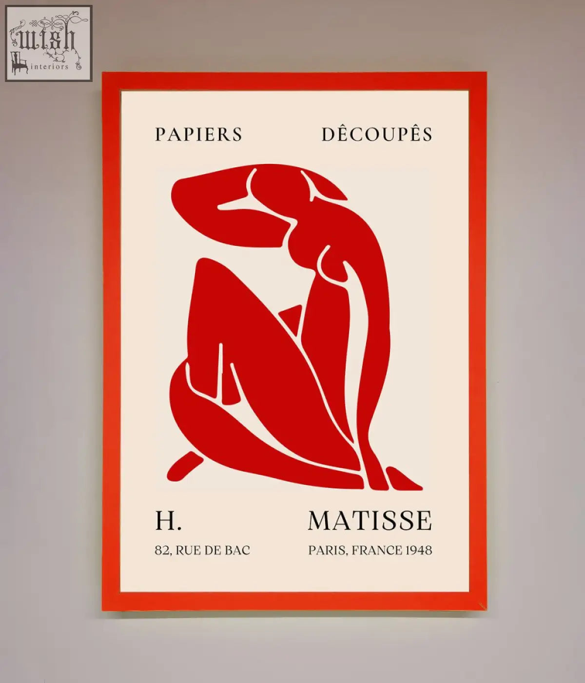 Framed print of red matisse man silhouette on cream paper with matching red border perfect for wall art