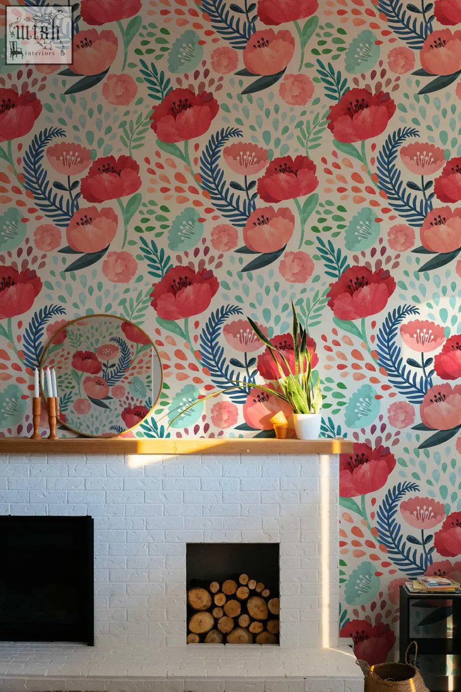 Vibrant red poppy flowers peel and stick wallpaper with teal floral design perfect for nursery decor contact clickwalls