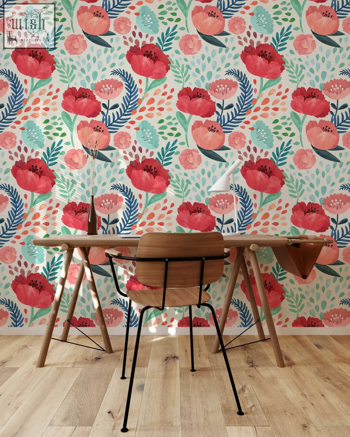 Wooden desk with trestle legs and matching chair with black metal frame against red poppy flowers contact clickwalls wallpaper