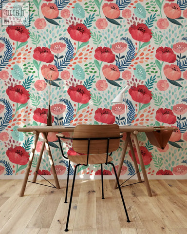 Wooden desk with trestle legs and matching chair with black metal frame against red poppy flowers contact clickwalls wallpaper