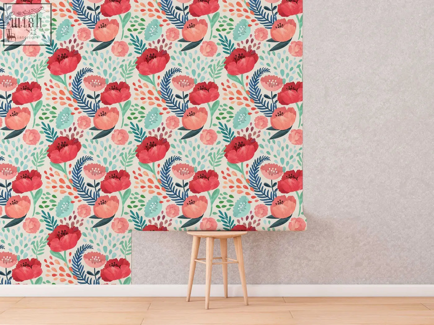 Red poppy flowers peel and stick wallpaper with bold red blossoms and teal leaves on mint background for nursery decor