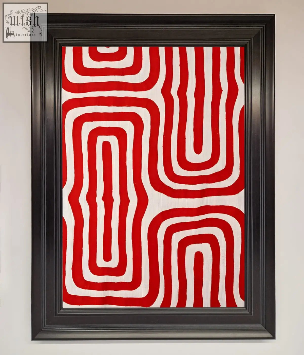 A bold red waves abstract art framed poster featuring red and white textile artwork in a sleek black frame