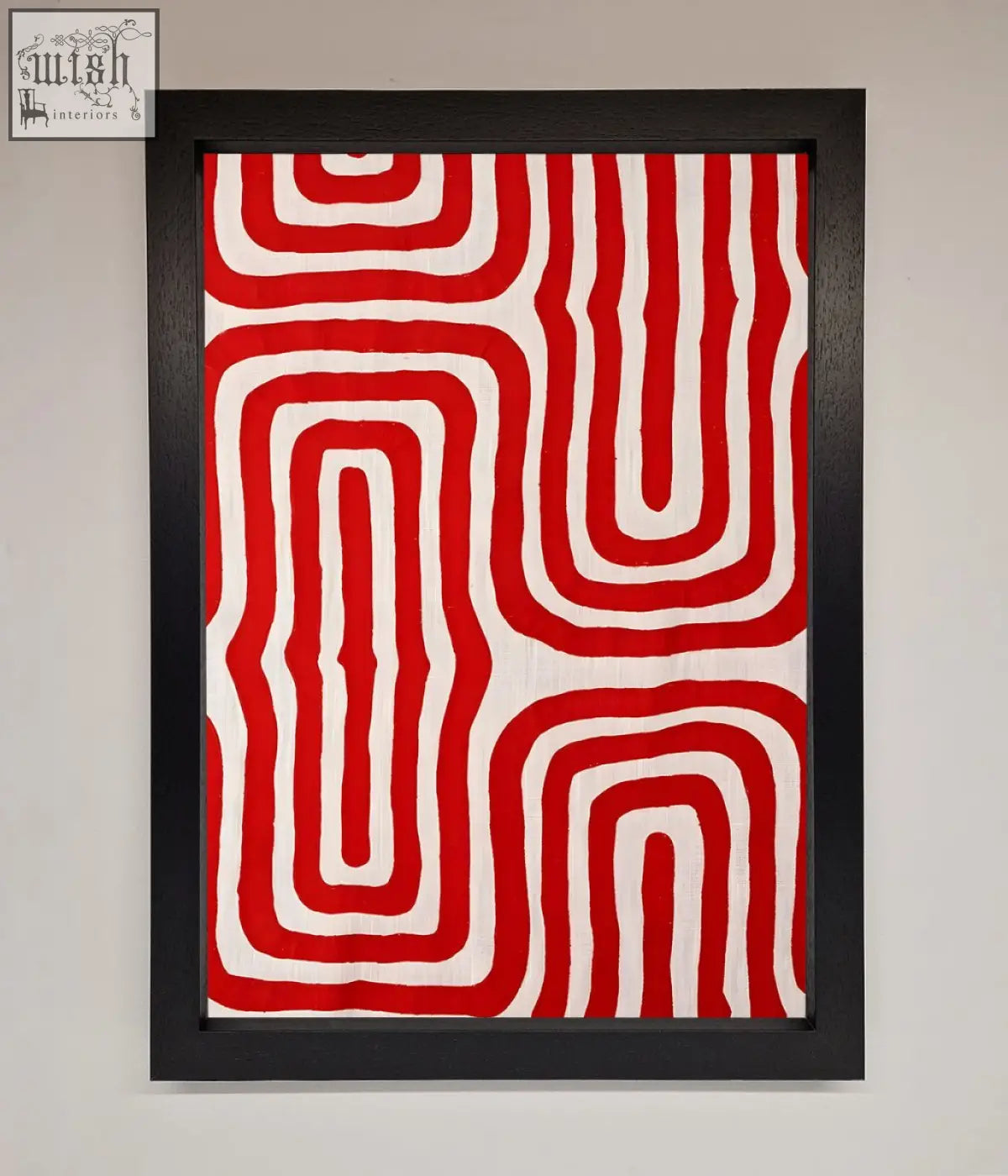 Red waves abstract framed poster featuring red and white textile artwork in a sleek black frame