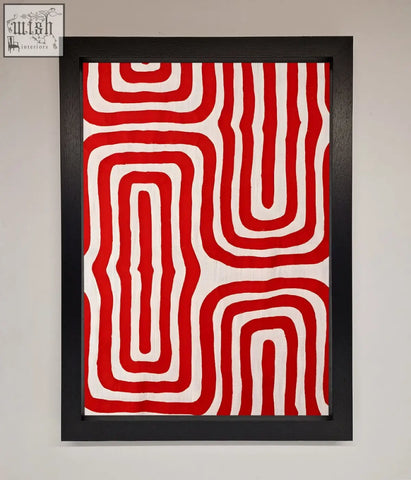 Red waves abstract framed poster featuring red and white textile artwork in a sleek black frame