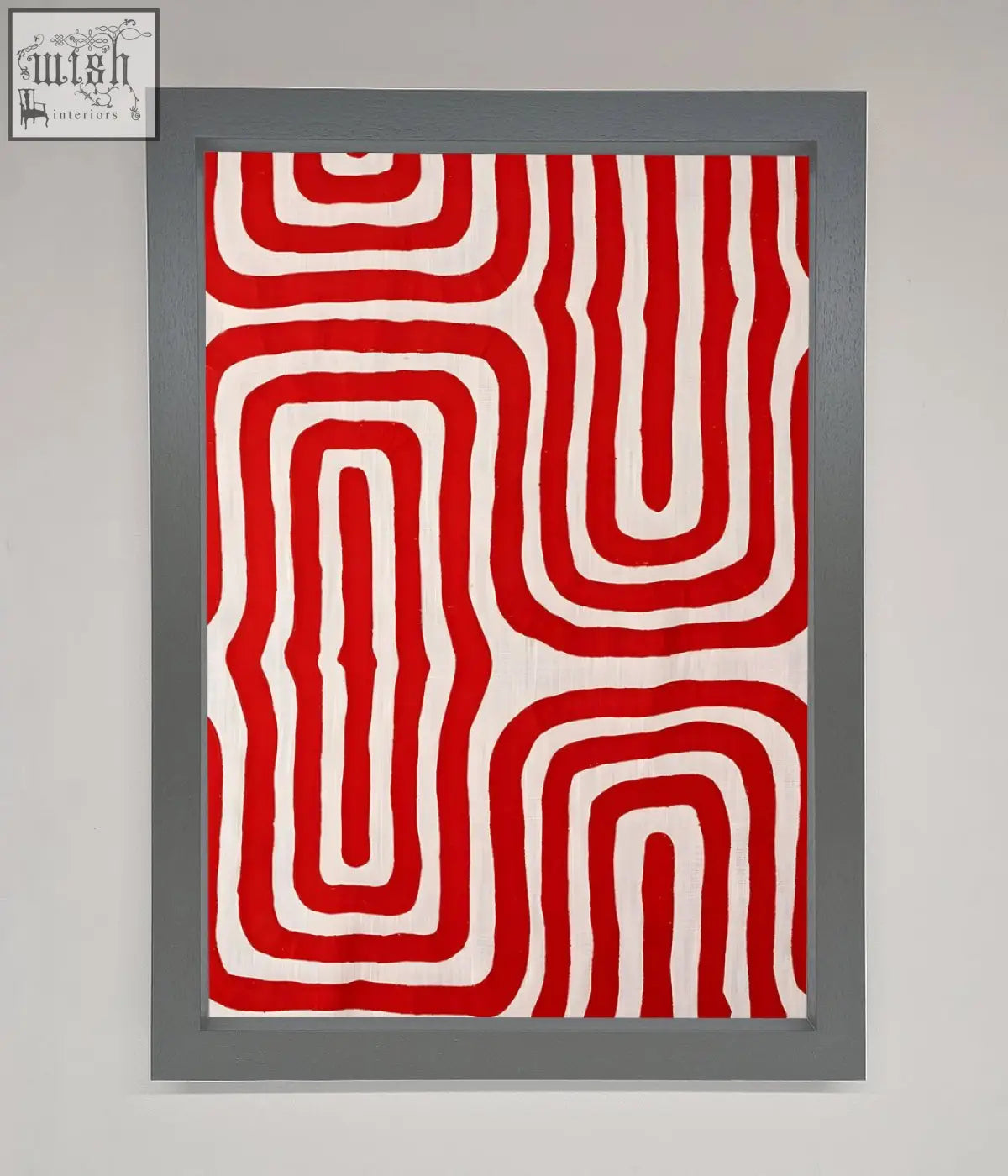 Red and white waves abstract art framed in a gray frame perfect for modern wall decor