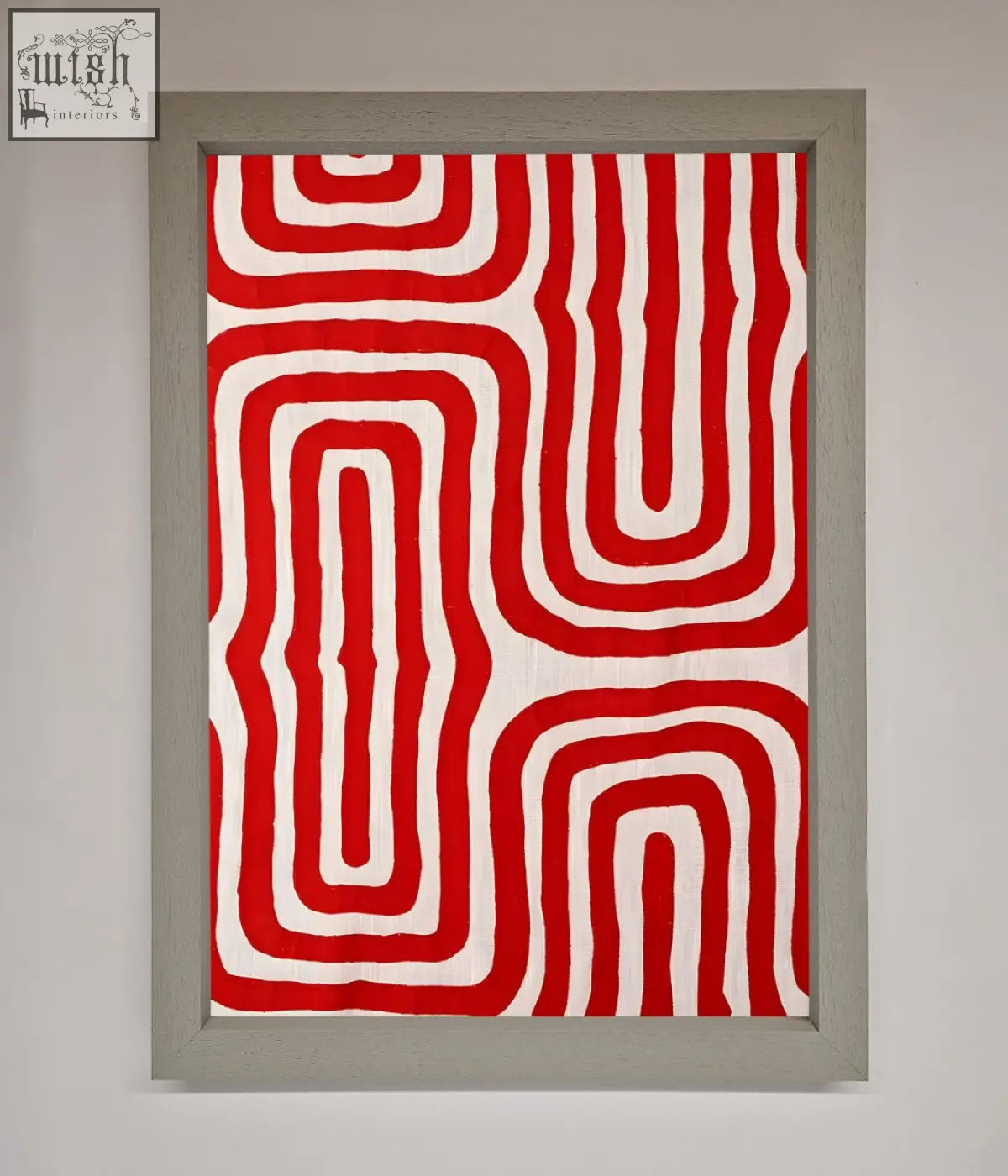 A vibrant red waves abstract framed poster with bold flowing geometric patterns in a sleek gray frame