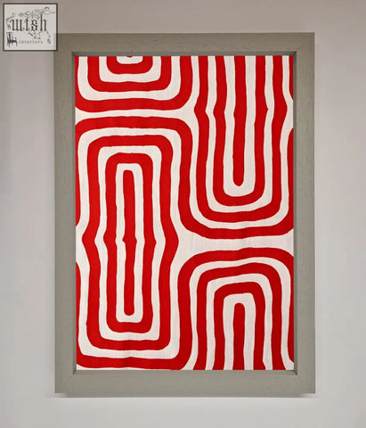 A vibrant red waves abstract framed poster with bold flowing geometric patterns in a sleek gray frame