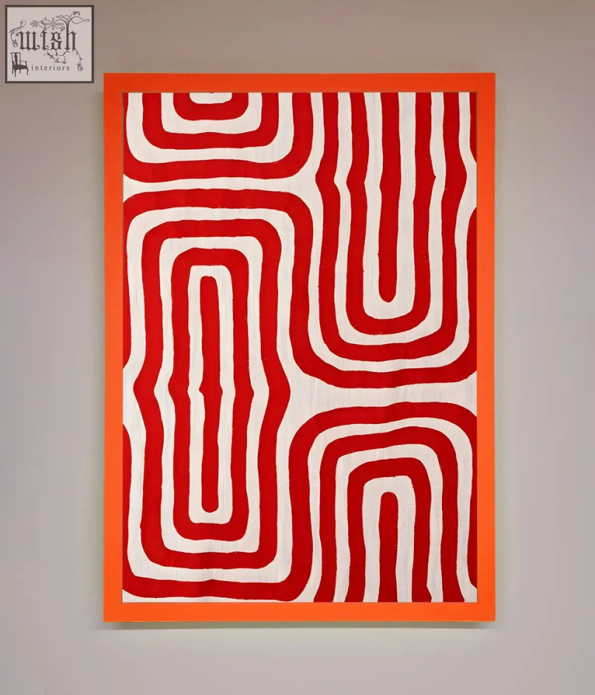 A vibrant orange-framed red waves abstract art poster with bold red and white wavy looping patterns