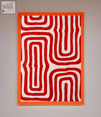 A vibrant orange-framed red waves abstract art poster with bold red and white wavy looping patterns