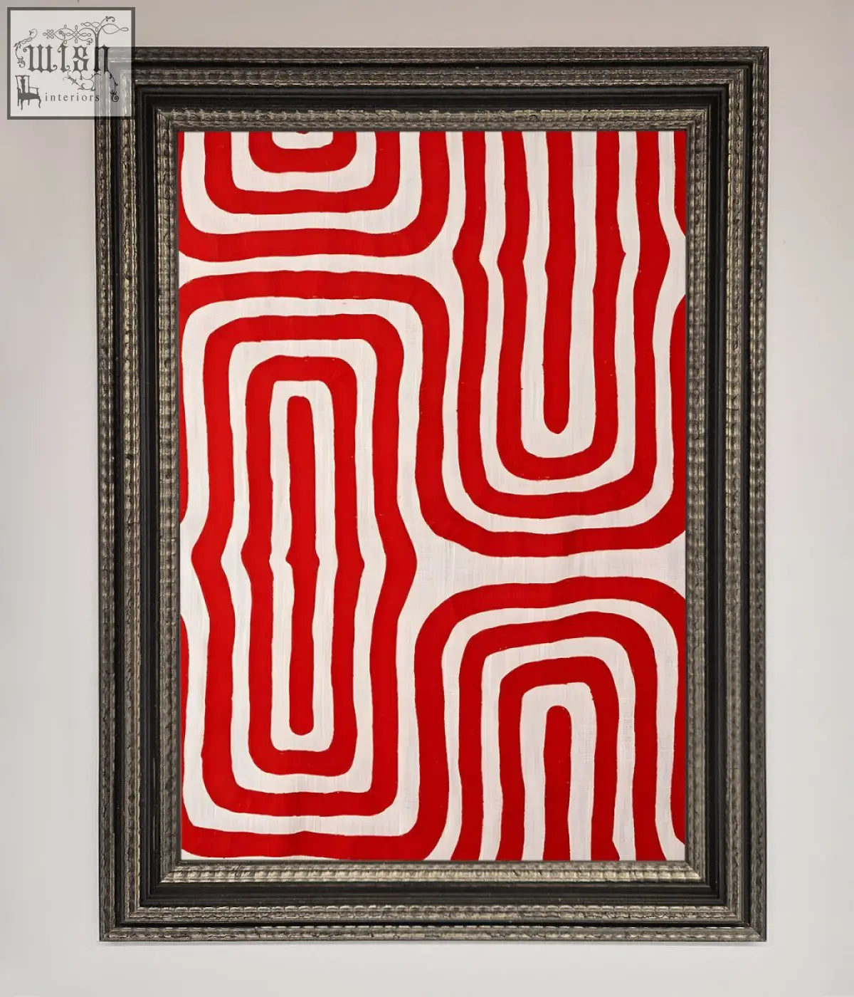 A framed poster of red waves abstract art with bold white looping patterns on textured fabric surface