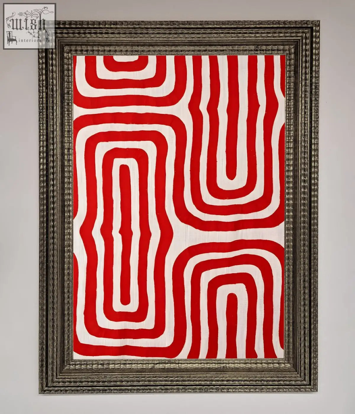 Red waves abstract framed poster featuring red and white textile art in an ornate silver frame
